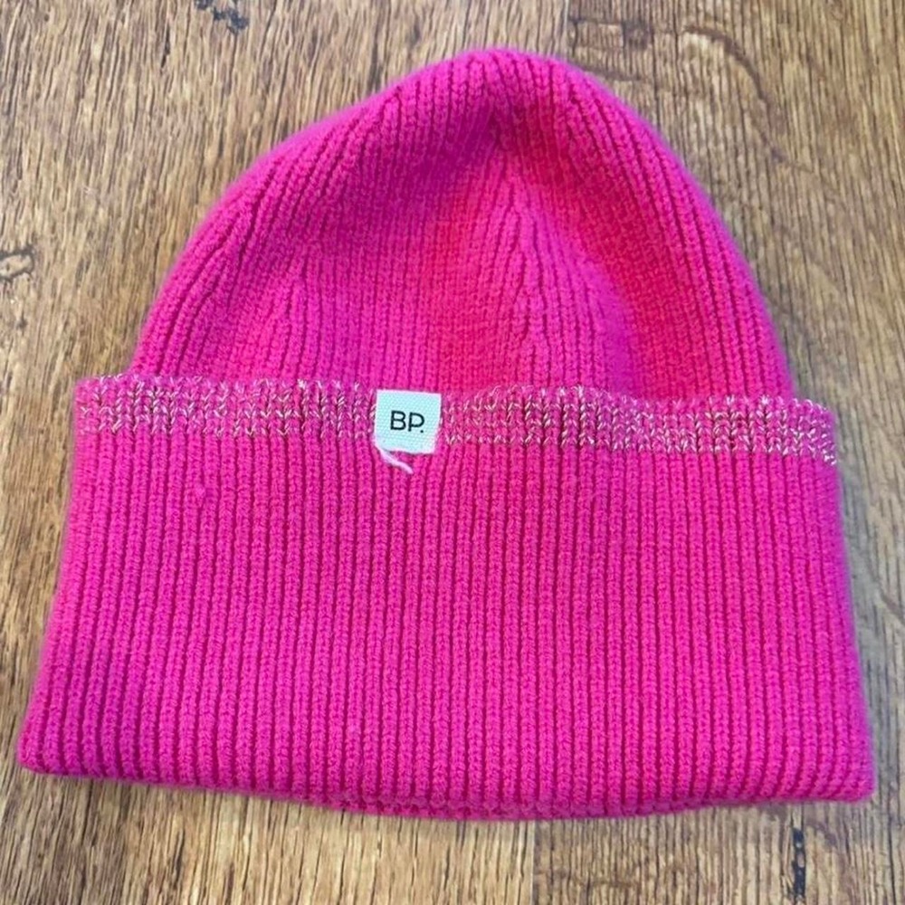 BP Hot Pink Ribbed Knit Beanie Silver Metallic Trim One Size Hat
